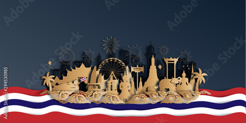 Thailand Travel postcard panorama, poster, tour advertising of world famous landmarks of Thailand in paper cut style. Vector illustration.