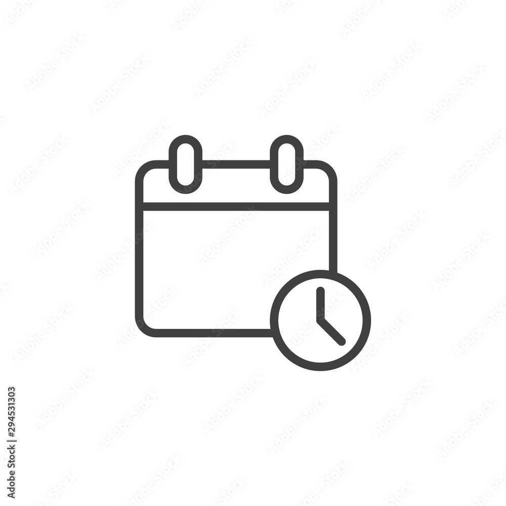 Calendar with Clock line icon. Agenda, reminder linear style sign for mobile concept and web design. Calendar time outline vector icon. Symbol, logo illustration. Vector graphics Calendar with Clock line icon. Agenda, reminder linear style sign for mobile concept and web design. Calendar time outline vector icon. Symbol, logo illustration. Vector graphics