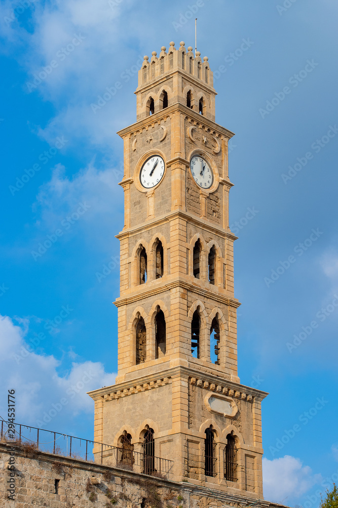 old clock tower in the old city of Acre, Israel