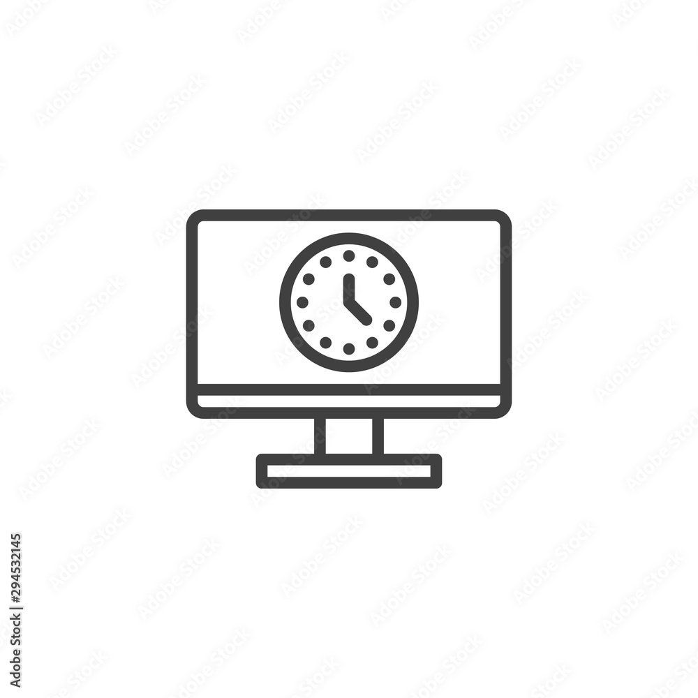 Computer monitor time line icon. linear style sign for mobile concept and web design. Clock screen outline vector icon. Symbol, logo illustration. Vector graphics Computer monitor time line icon. linear style sign for mobile concept and web design. Clock screen outline vector icon. Symbol, logo illustration. Vector graphics