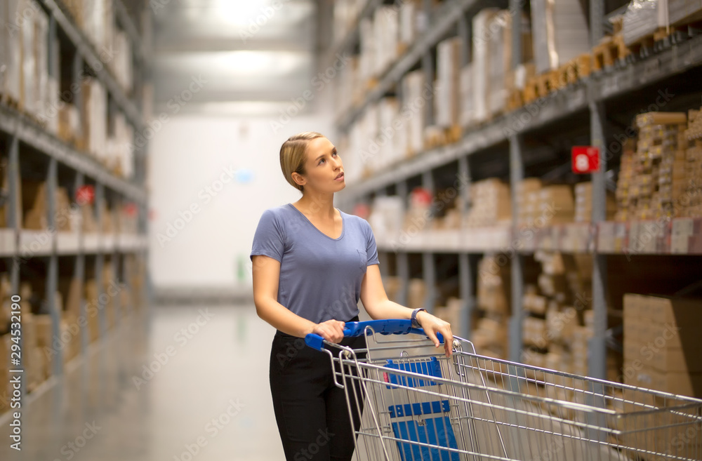 Cheerful woman customer standing while shopping in hardware store