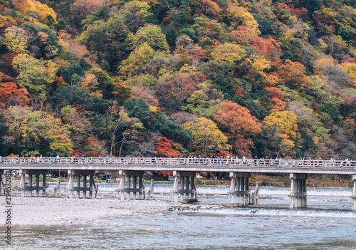 Kyoto, Japan - November 19, 2018: Beautiful Togetsukyo bridge in Arashiyama Kyoto Japan in autumn season .