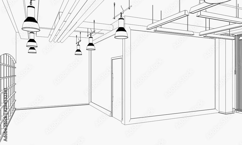 empty room, contour visualization, 3D illustration, sketch, outline empty room, contour visualization, 3D illustration, sketch, outline