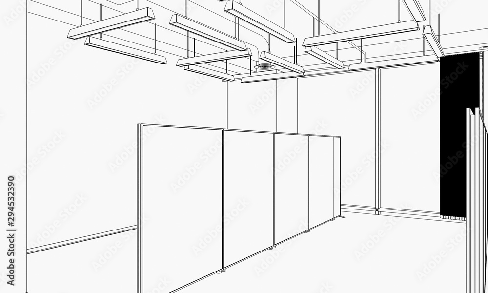 empty room, contour visualization, 3D illustration, sketch, outline