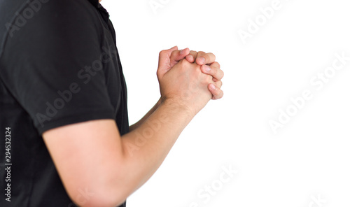 Human praying hands in white background, Acting concept