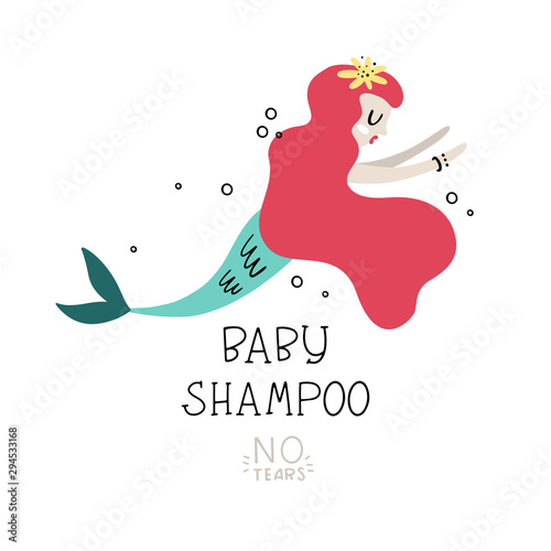 Text: baby shampoo, no tears. Vector illustration with mermaid in Doodle style, hand drawn. The template for your label, element for design.