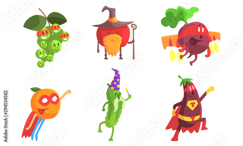 Funny Fruits and Vegetables Characters Wearing Wizard and Superhero Costume Set, Grape, Apple, Beetroot, Orange, Cucumber, Eggplant Vector Illustration