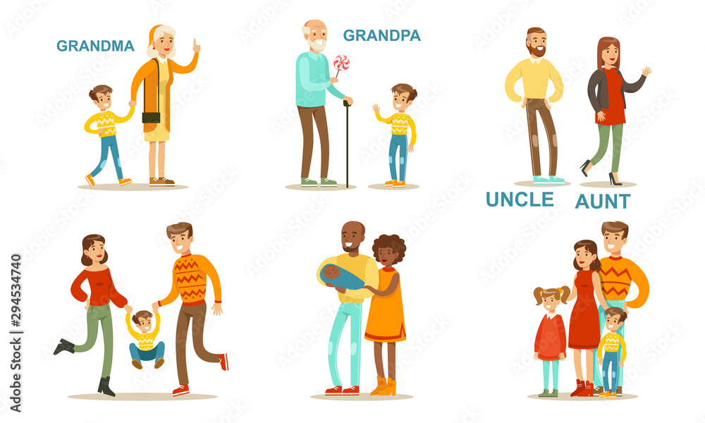 Happy Big Family Members Set, Grandma, Grandpa, Aunt, Uncle, Mother, Father, Children Vector Illustration