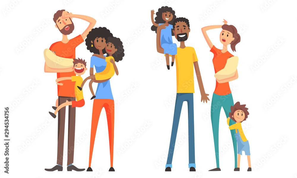 Large Families Set, Tired Parents and Their Children, Parenting Stress Vector Illustration