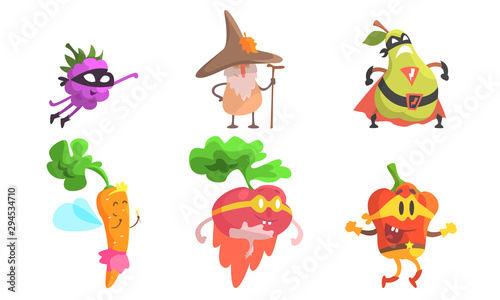 Funny Fruit Characters Wearing Wizard and Superhero Costume Set, Blackberry, Pear, Carrot, Radish, Pepper Vector Illustration