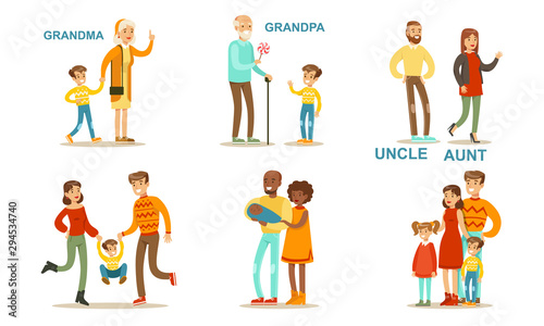 Happy Big Family Members Set, Grandma, Grandpa, Aunt, Uncle, Mother, Father, Children Vector Illustration