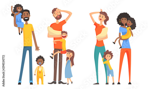 Large Familes Set, Tired Parents and Their Naughty Children, Parenting Stress Vector Illustration