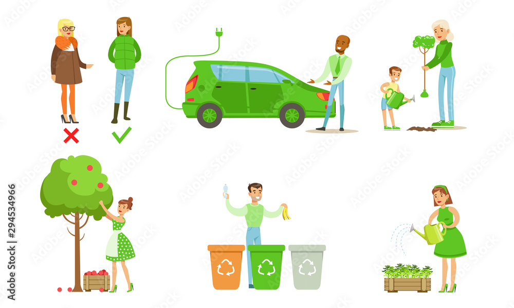 People Taking Part in Environmental Protection Set, Men and Women Sorting and Recycling Waste, Growing Plants, Using Eco Friendly Transport and Energy Renewable Resources Vector Illustration