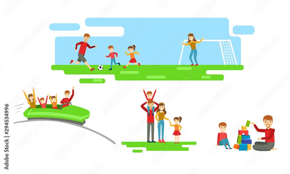 Happy Family Having Good Time Together Set, Parents and They Children Playing Soccer, Riding Roller Coaster, Walking, Playing Toy Cubes Vector Illustration