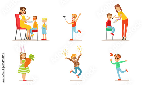 Happy Kids with Painted Faces and Festival Costumes Set, Boys and Girls Having Fun at Party Vector Illustration