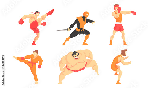 Asian Martial Arts Fighters Set, Male Professional Athletes Practicing Different Technique Kicks, Wushu, Boxing, Sambo, Sumo Vector Illustration