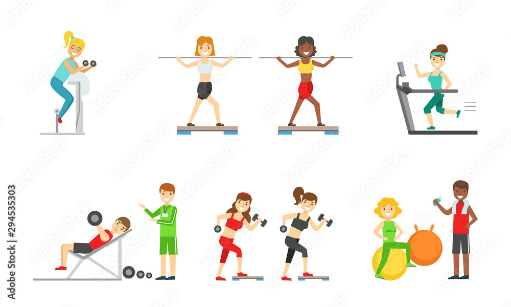 People Doing Sports in the Gym with the Equipment Set, Men and Women Wearing Sports Clothes Exercising in Fitness Center, Healthy Lifestyle Concept Vector Illustration
