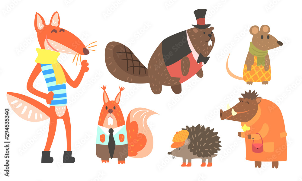 Cute Animals Cartoon Characters in Various Clothes Set, Fox, Squirrel,  Beaver, Mouse, Hedgehog, Wild Boar Vector Illustration Stock Vector | Adobe  Stock