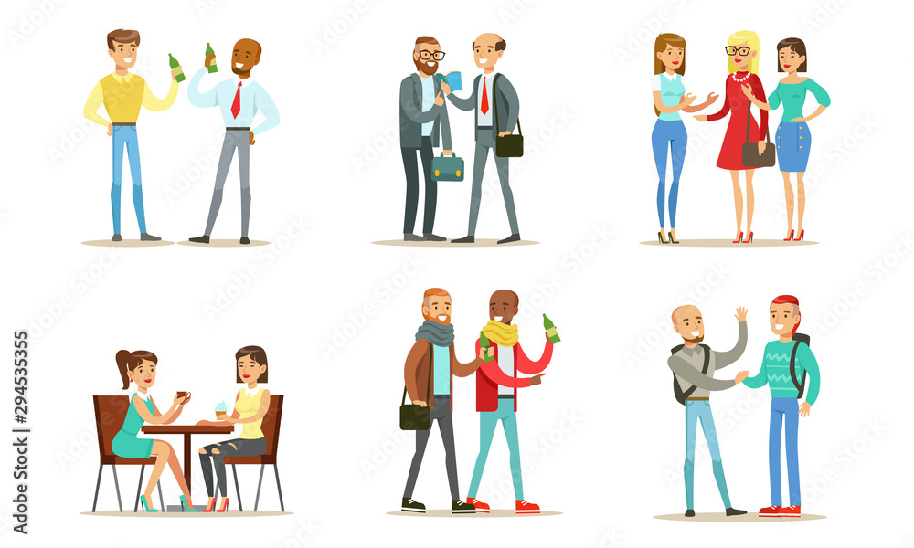 Friends and Colleagues Spending Good Time Together Set, Men and Women Meeting, Drinking Coffee and Beer, Gossiping Vector Illustration Friends and Colleagues Spending Good Time Together Set, Men and Women Meeting, Drinking Coffee and Beer, Gossiping Vector Illustration
