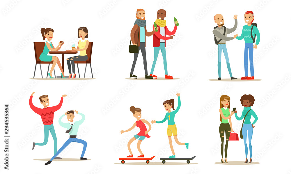 Friends and Colleagues Spending Good Time Together Set, Men and Women Meeting, Skateboarding, Dancing, Drinking Coffee and Beer, Gossiping Vector Illustration