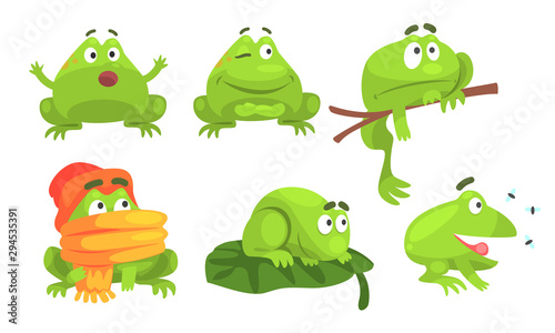 Cute Green Frog Cartoon Character of Different Activities Set, Funny Amphibian Animal with Various Emotions Vector Illustration