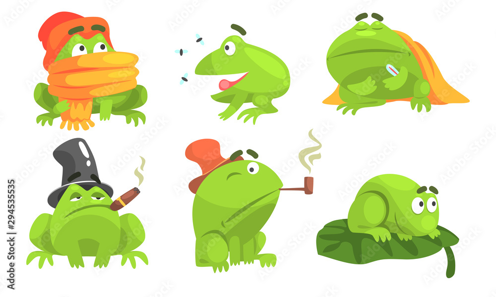 Green Frog Cartoon Character of Different Activities Set, Funny Amphibian Animal with Various Emotions Vector Illustration Green Frog Cartoon Character of Different Activities Set, Funny Amphibian Animal with Various Emotions Vector Illustration