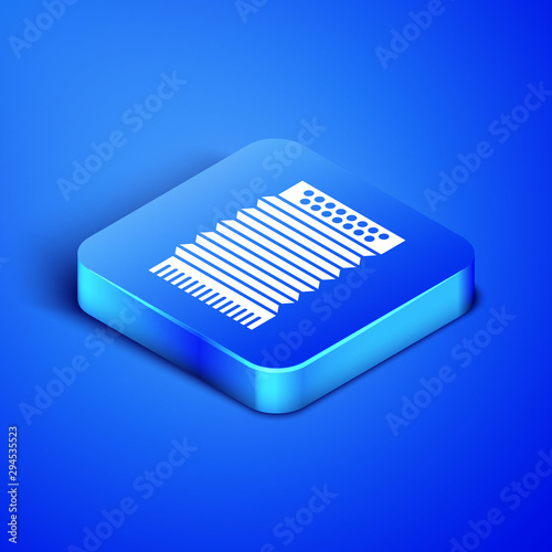 Isometric Musical instrument accordion icon isolated on blue background. Classical bayan, harmonic. Blue square button. Vector Illustration