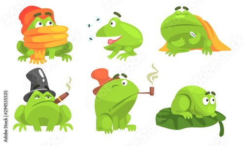 Green Frog Cartoon Character of Different Activities Set, Funny Amphibian Animal with Various Emotions Vector Illustration