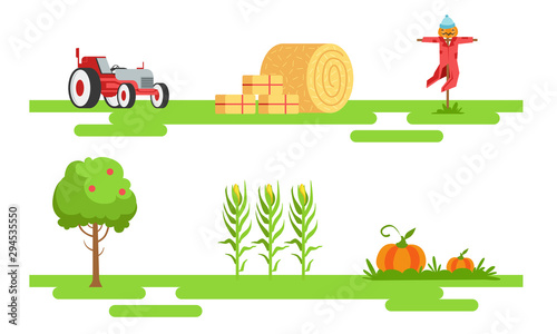 Eco Farm and Agricultural Elements Set, Tractor, Scarecrow, Fruit Tree, Corn Seedlings Vector Illustration