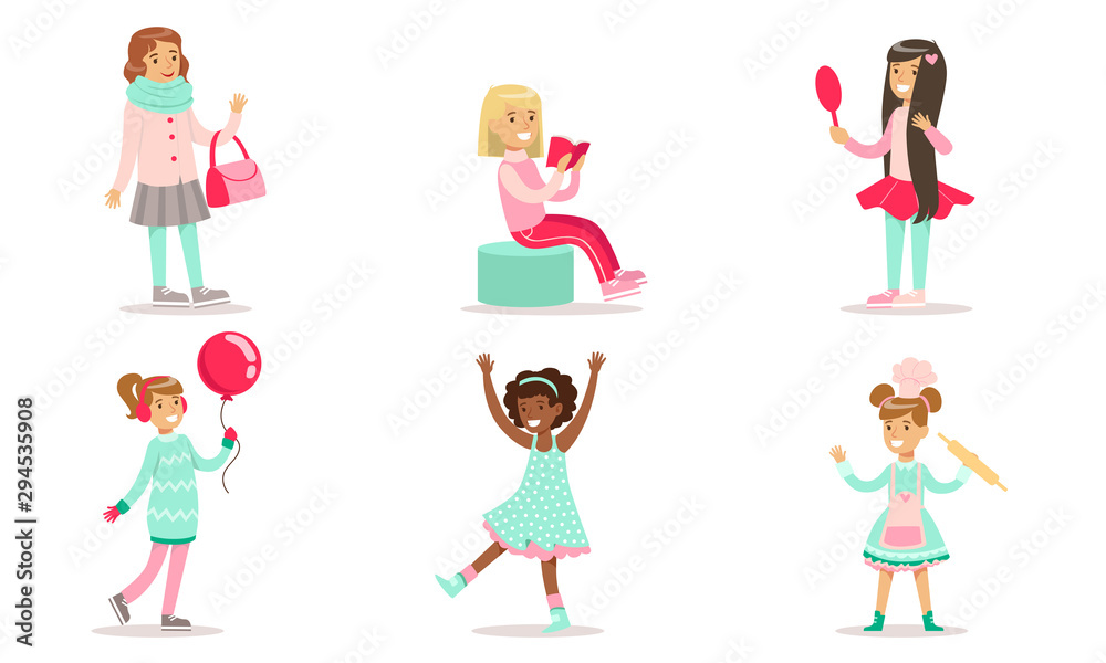 Beautiful Girls Doing Different Activities Set, Lovely Girls in Fashionable Clothes Vector Illustration