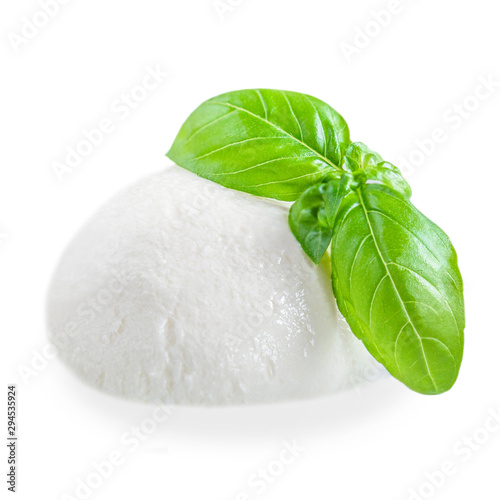 Mozzarella cheese isolated. Italian buffalo milk cheese with Basil leaf on white background, top view