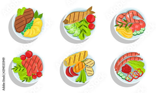Fototapeta Naklejka Na Ścianę i Meble -  Healthy Dishes Set, Top view of Grilled Meat, Fish and Vegetables on Plates Vector Illustration