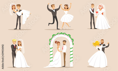 Elegant Romantic Just Married Couples Set, Newlywed Bride and Groom at Marriage Ceremony Vector Illustration