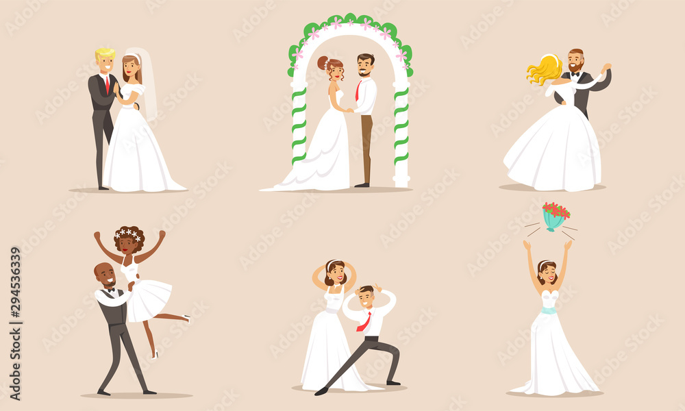 Elegant Romantic Just Married Couples in Love Set, Newlywed Bride and Groom at Marriage Ceremony Vector Illustration