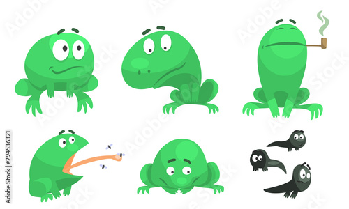 Collection of Funny Green Frog with Various Emotions, Amphibian Animal Character in Different Situations Vector Illustration