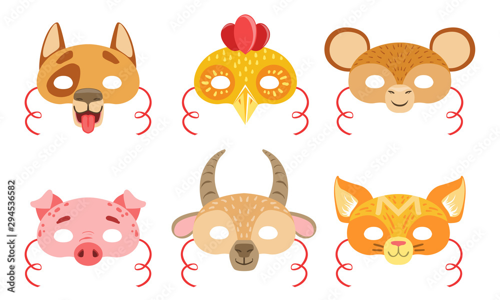 Animals Carnival Masks Set, Dog, Rooster, Monkey, Pig, Goat, Fox Vector Illustration