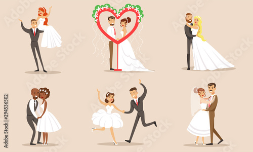 Happy Elegant Romantic Just Married Couples in Love Set, Newlywed Bride and Groom at Marriage Ceremony Vector Illustration