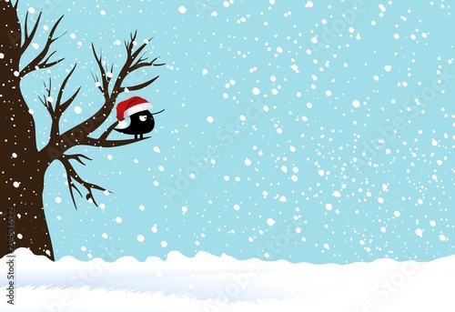 Winter Landscape Scene. Christmas New Year Greeting Card. Forest Falling Snow black bird Bird Sitting on Tree. Blue Sky.