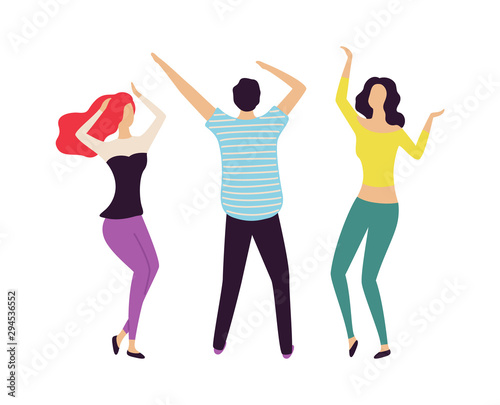 People dancing with rising hands, moving dancers, man and woman full length view, energetic crowd on concert or dance floor, celebration event. Vector illustration in flat cartoon style