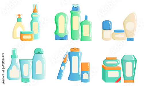 Collection of Cosmetics and Household Chemicals Packaging, Containers, Bottles, Jars, Tubes of Different Colors Vector Illustration