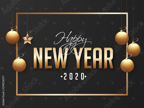 2020, Happy New Year greeting card design decorated with hanging golden baubles and star on black background.