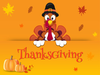 Crédence de cuisine  Thanksgiving banner or poster design with illustration of turkey bird wearing pilgrim hat, pumpkins and autumn leaves decorated on orange background.  © Abdul Qaiyoom