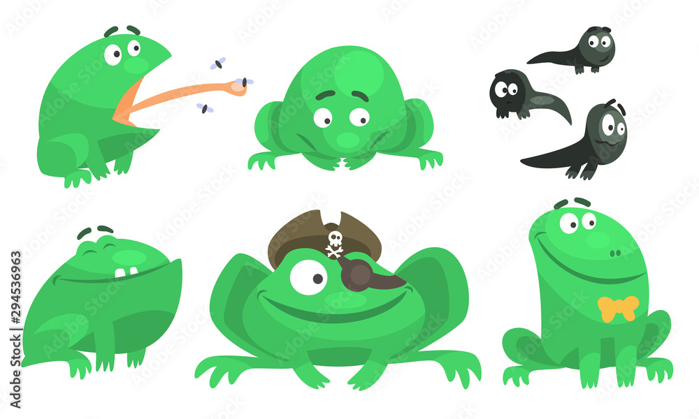 Collection of Green Frog with Various Emotions, Funny Amphibian Animal Cartoon Character in Different Situations Vector Illustration Collection of Green Frog with Various Emotions, Funny Amphibian Animal Cartoon Character in Different Situations Vector Illustration