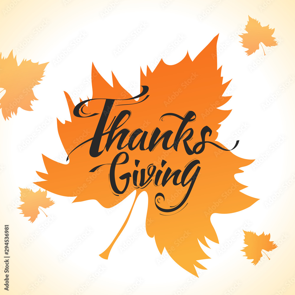 Calligraphy of Thanksgiving on maple leaves background can be used as greeting card design. Calligraphy of Thanksgiving on maple leaves background can be used as greeting card design.
