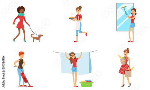 Women Cleaning Home and Doing Housework Set  Housewives Characters Cooking  Vacuuming  Doing Shopping  Walking with Dog Vector Illustration