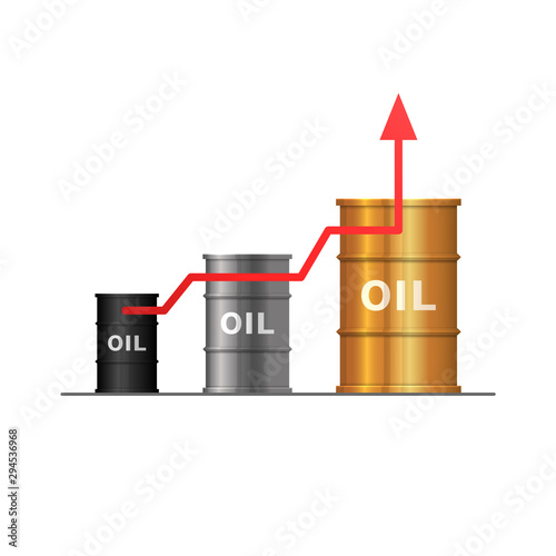 Rising oil prices. Chart with iron, silver and gold barrels. Vector illustration.