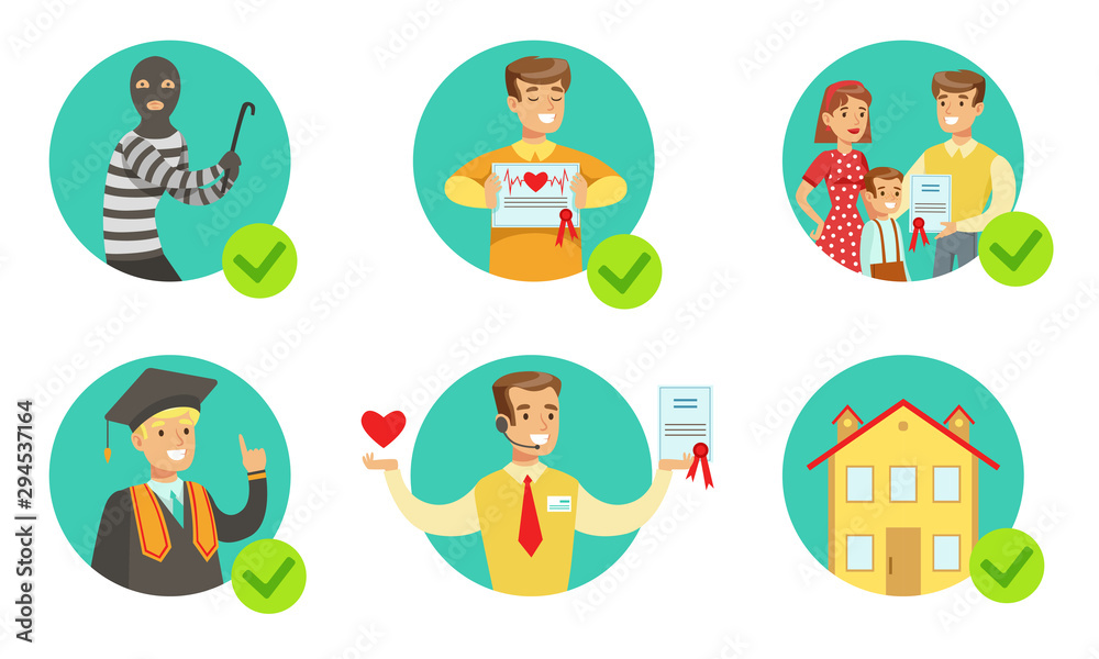 Insurance Services Set, Protecting of Property, Family, Health Vector Illustration