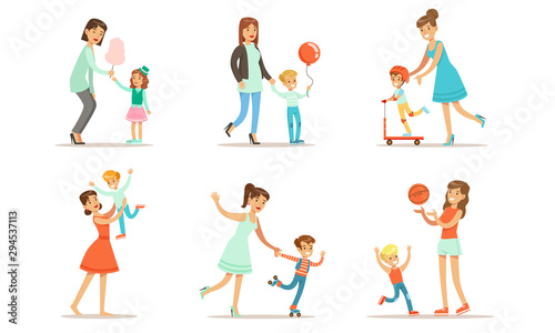 Happy Mothers Playing, Having Fun and Enjoying Good Time with Their Cute Kids Set Vector Illustration