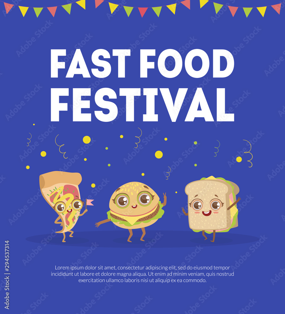 Fast Food Banner Template, Street Junk Food with Burger, Sandwich, Pizza Cartoon Characters Vector Illustration Stock Vector | Adobe Stock Fast Food Banner Template, Street Junk Food with Burger, Sandwich, Pizza Cartoon Characters Vector Illustration Stock Vector | Adobe Stock