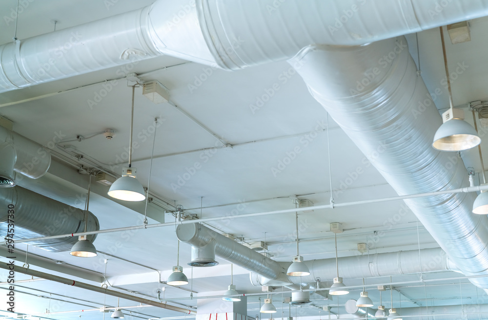 Accepteret craft tale Air duct, air conditioner pipe, wiring pipe, and fire sprinkler system. Air  flow and ventilation system. Building interior. Ceiling lamp light with  opened light. Interior architecture concept. Stock Photo | Adobe Stock